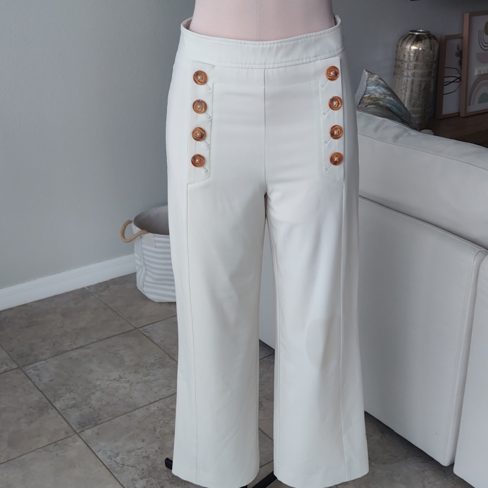 DKNY Cream Wide Leg Pants with Button Accents